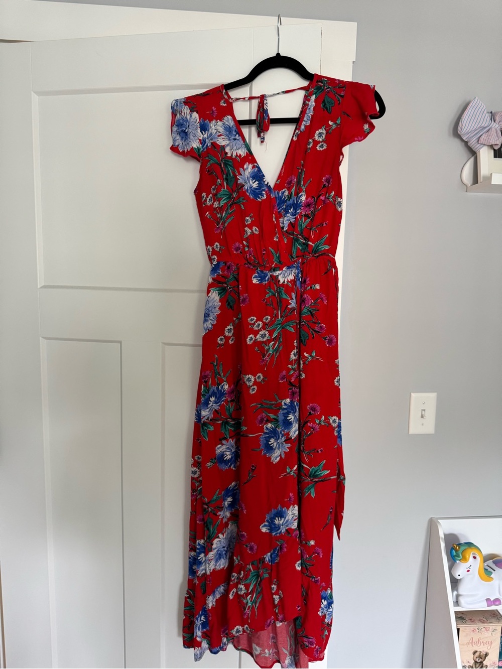 Band of Gypsies Red Floral Midi Dress with Blue Accents